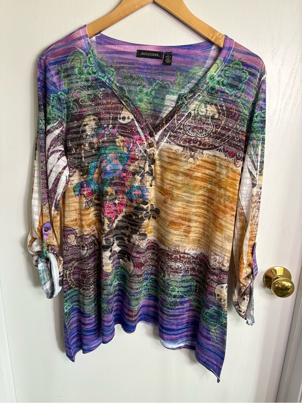 Notations Multicolor Boho V-Neck Roll-Sleeve Top